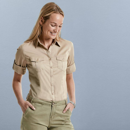 LADIES' ROLL 3/4 SLEEVE FITTED TWILL SHIRT